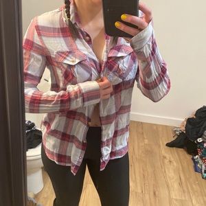 Maroon grey blue light weight plaid button down